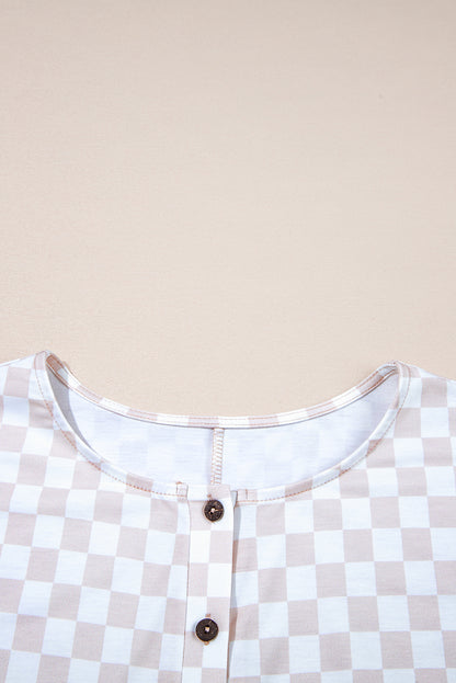 Apricot Checkered Print Buttoned Crew Neck Wide Leg Jumpsuit