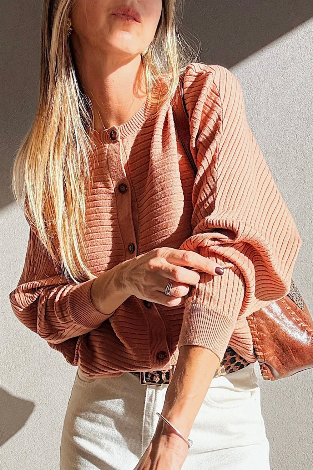 Apricot Pink Wide Rib Knit Button Front Dolman Sleeve Sweater Cardigan - Soft Romance