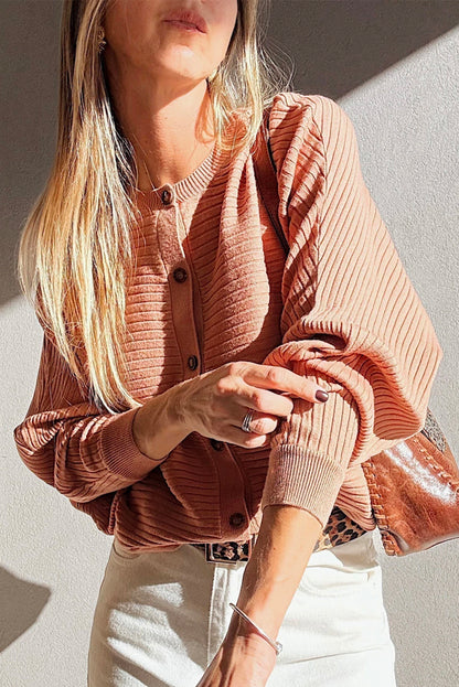 Apricot Pink Wide Rib Knit Button Front Dolman Sleeve Sweater Cardigan - Soft Romance