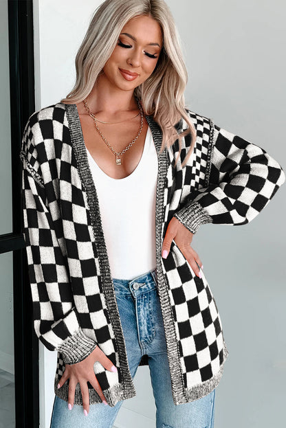 Black Checkered Open Front Drop Shoulder Cardigan - Timeless Classic Layer