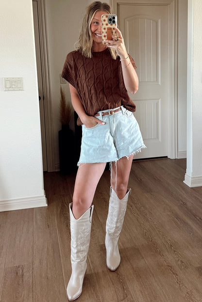 Dark Brown Cable Texture Crew Neck Short Sleeve Sweater Top - Rich Elegance