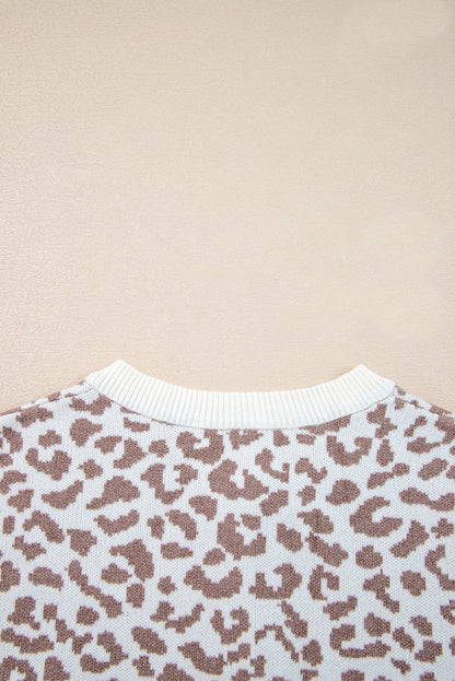 Khaki Leopard Drop Shoulder Chunky Knitted Cardigan Sweater - Wild Style