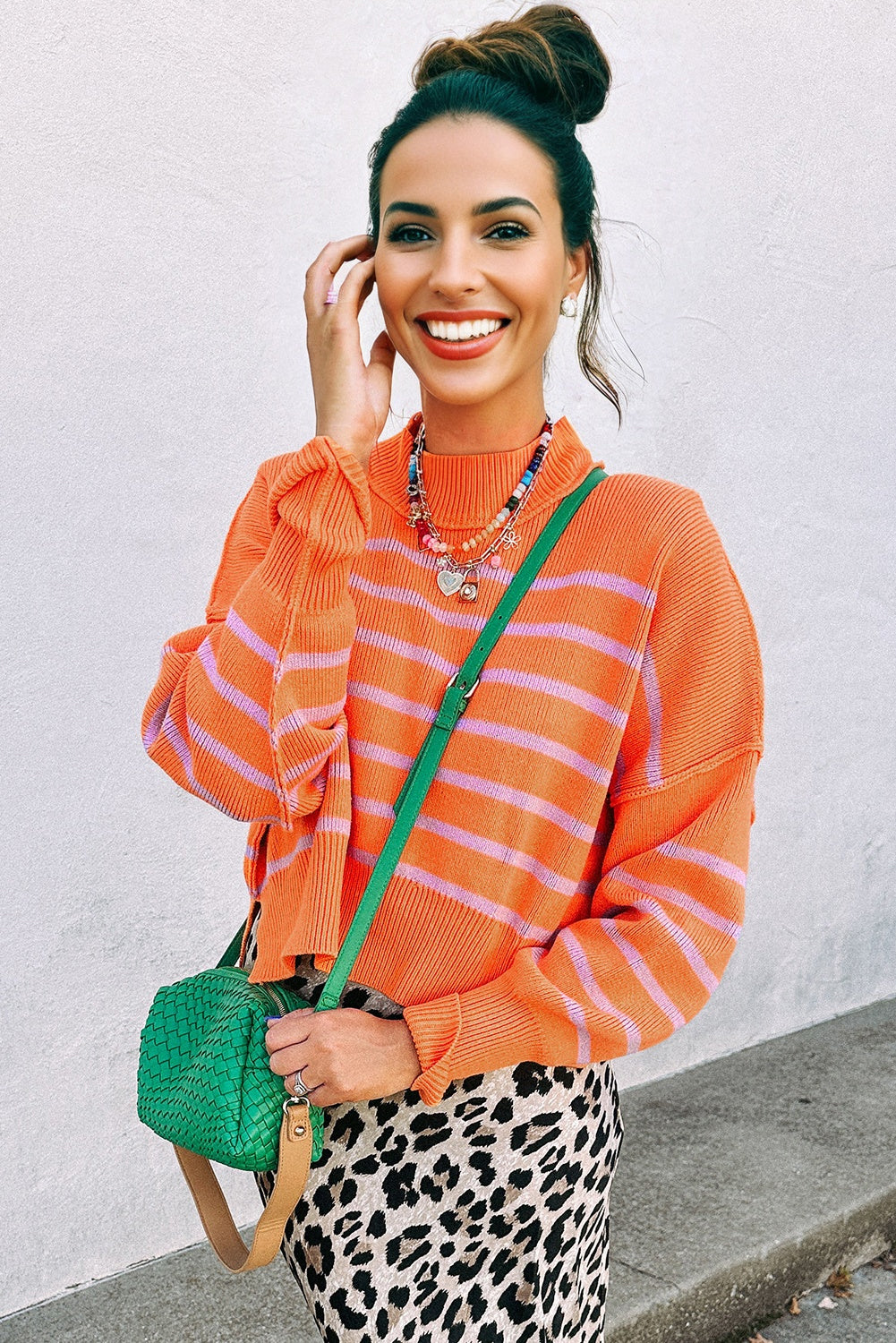 Orange Stripe Ribbed High Neck Drop Shoulder Boxy Fit Sweater - Modern Comfort