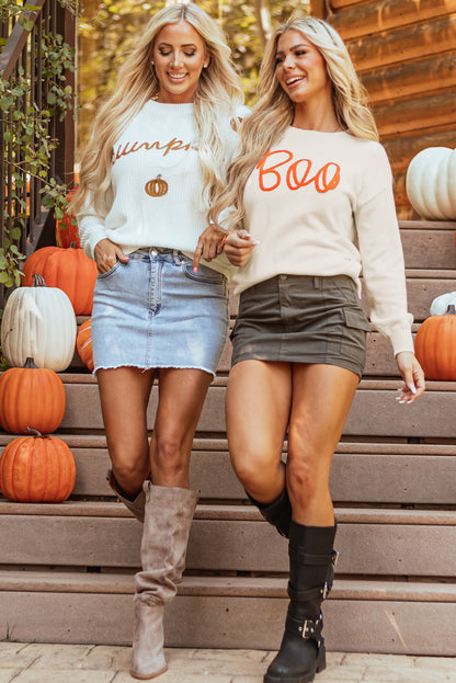 Apricot Boo Knitted Pattern Ribbed Edge Drop Shoulder Sweater - Playful Style
