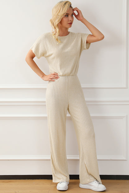 Oatmeal Ribbed Keyhole Short Sleeve Wide Leg Jumpsuit