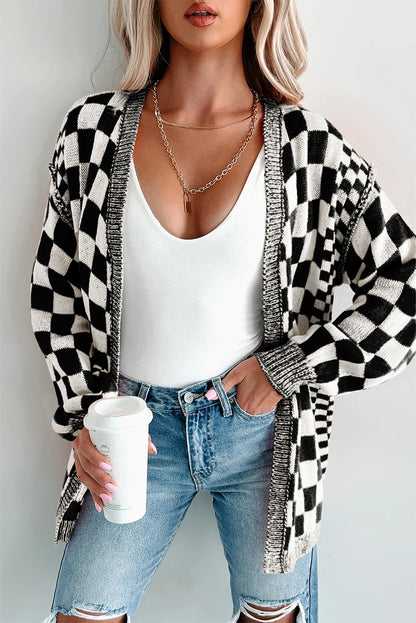 Black Checkered Open Front Drop Shoulder Cardigan - Timeless Classic Layer