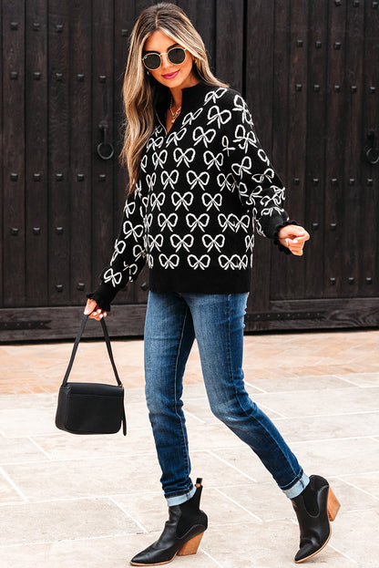 Black Cute Bow Pattern Drop Shoulder Zipped Collar Sweater - Sweet Edge