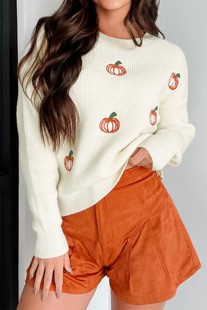 Beige Pumpkin Embroidered Ribbed Thanksgiving Halloween Holiday Sweater - Festive Style