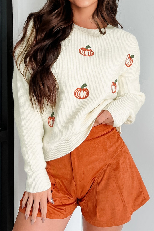 Beige Pumpkin Embroidered Ribbed Thanksgiving Halloween Holiday Sweater - Festive Style