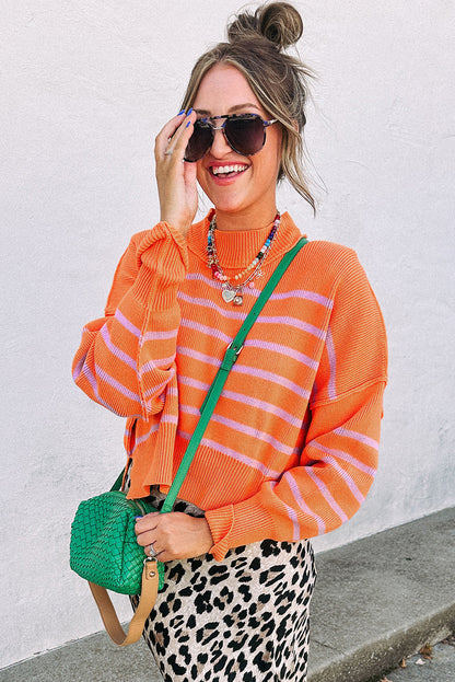 Orange Stripe Ribbed High Neck Drop Shoulder Boxy Fit Sweater - Modern Comfort