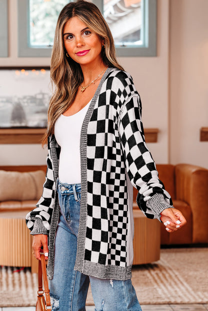 Black Checkered Open Front Drop Shoulder Cardigan - Timeless Classic Layer