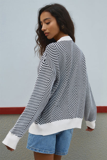 Black Stripe Buttoned Front V Neck Herringbone Cardigan - Classic Elegance