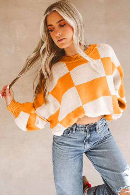 Orange Checkered Bishop Sleeve Sweater - Trendy Fall Knit