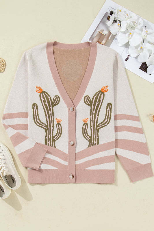 Apricot Western Desert Cactus Print Plus Size Button Cardigan Sweater - Boho Style