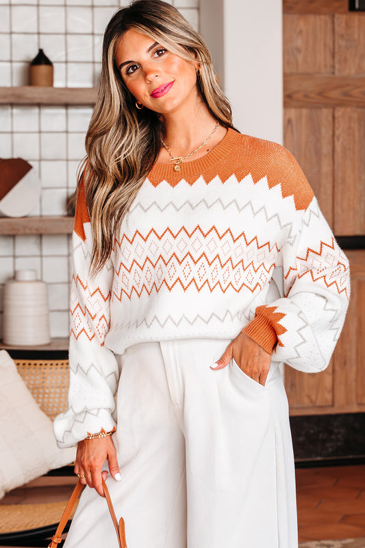 Khaki Zigzag Geometric Pattern Knitted Pullover Sweater - Bold Design