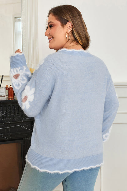 Gray Fuzzy Flower Scalloped V Neck Plus Sweater