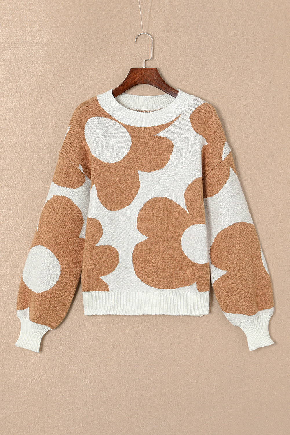 Khaki Big Flower Pattern Drop Shoulder Sweater - Romantic Floral Design