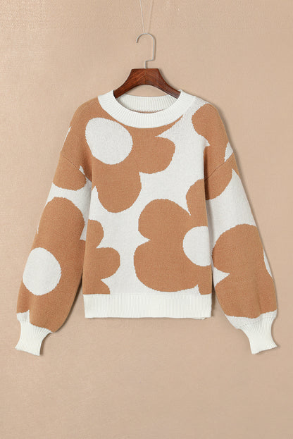 Khaki Big Flower Pattern Drop Shoulder Sweater - Romantic Floral Design