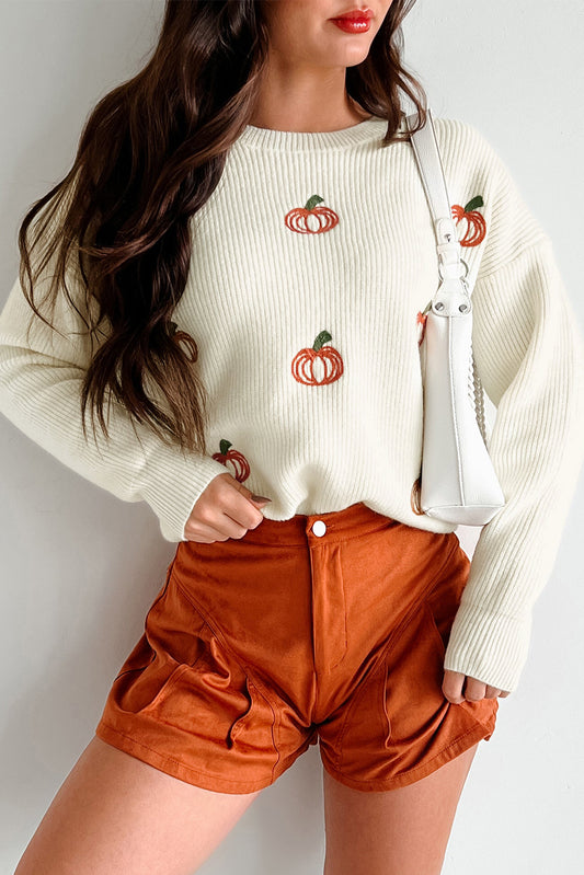 Beige Pumpkin Embroidered Ribbed Thanksgiving Halloween Holiday Sweater - Festive Style