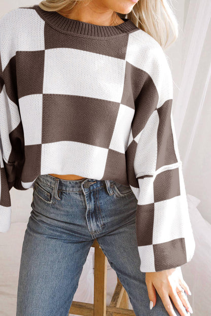 Dark Brown Checkered Bishop Sleeve Sweater - Rich Fall Statement