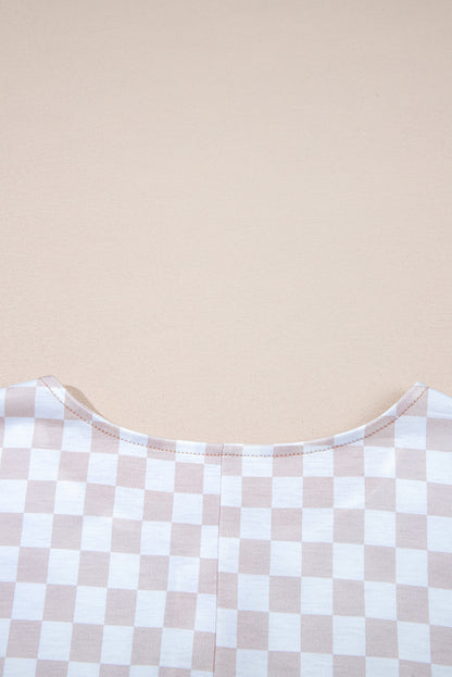 Apricot Checkered Print Buttoned Crew Neck Wide Leg Jumpsuit