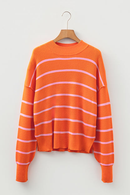 Orange Stripe Ribbed High Neck Drop Shoulder Boxy Fit Sweater - Modern Comfort