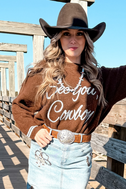 Coffee See You Cowboy Embroidered Western Graphic Sweater - Ranch Style