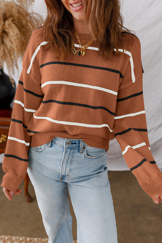 Brown Stripe Striped Ribbed Edge Drop Shoulder Sweater - Classic Pattern
