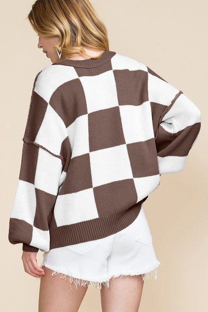 Dark Brown Checkered Bishop Sleeve Sweater - Rich Fall Statement