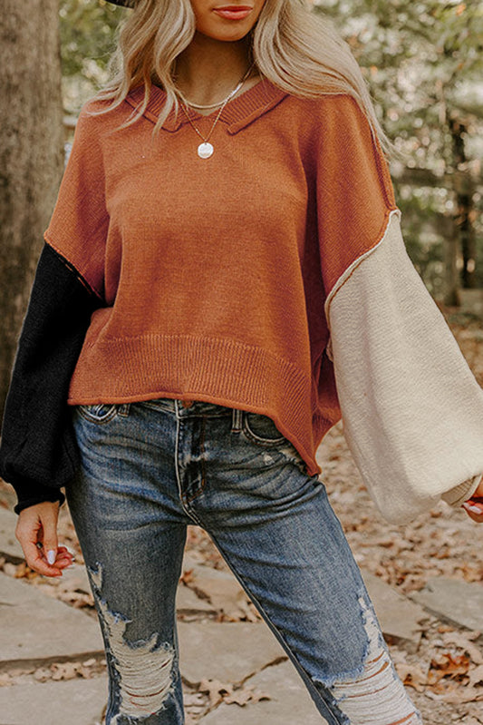 Desert Gold Colorblock Raw Edge Bubble Sleeve V Neck Sweater - Statement Style