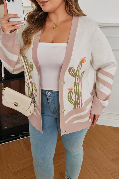 Apricot Western Desert Cactus Print Plus Size Button Cardigan Sweater - Boho Style