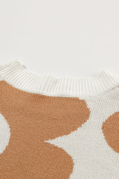 Khaki Big Flower Pattern Drop Shoulder Sweater - Romantic Floral Design