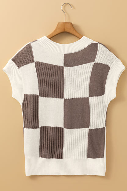 Khaki Checkered Color Block Crew Neck Short Sleeve Sweater - Earthy Style