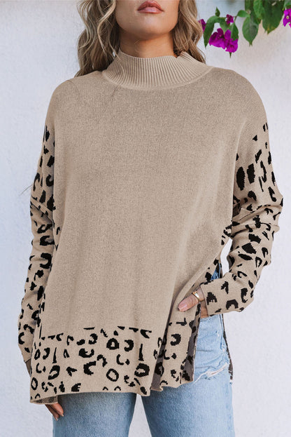 Khaki Leopard Print High Neck Oversized Sweater - Trendy Side Slits