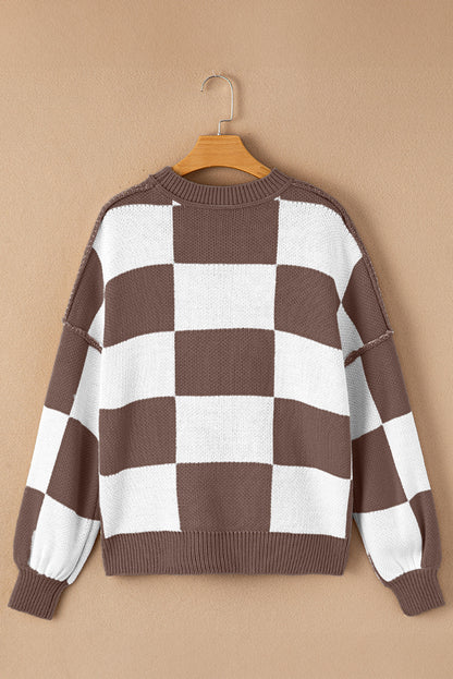 Dark Brown Checkered Bishop Sleeve Sweater - Rich Fall Statement