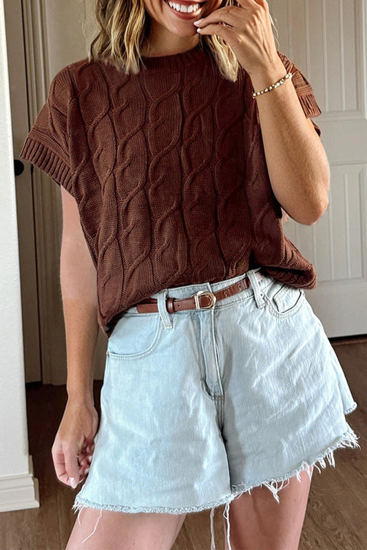 Dark Brown Cable Texture Crew Neck Short Sleeve Sweater Top - Rich Elegance