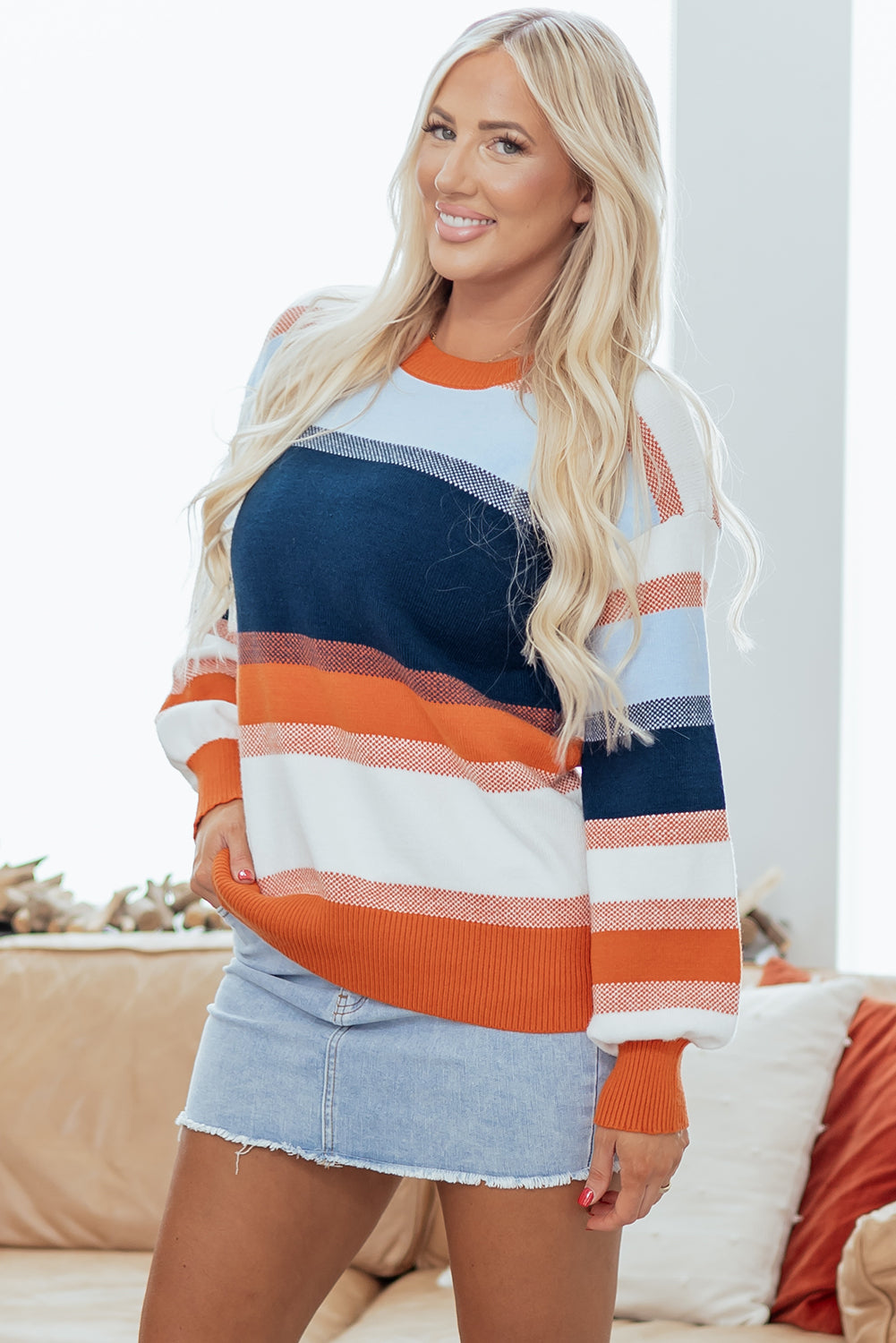 Dark Blue Color Block Round Neck Tunic Sweater - Modern Elegance