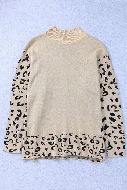 Khaki Leopard Print High Neck Oversized Sweater - Trendy Side Slits