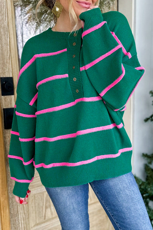 Green Stripe Half Buttons Drop Shoulder Oversized Sweater - Casual Comfort