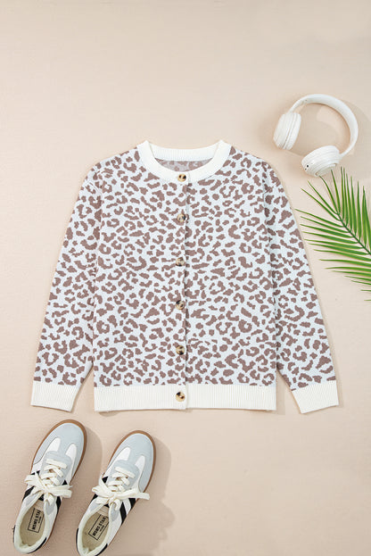 Khaki Leopard Drop Shoulder Chunky Knitted Cardigan Sweater - Wild Style
