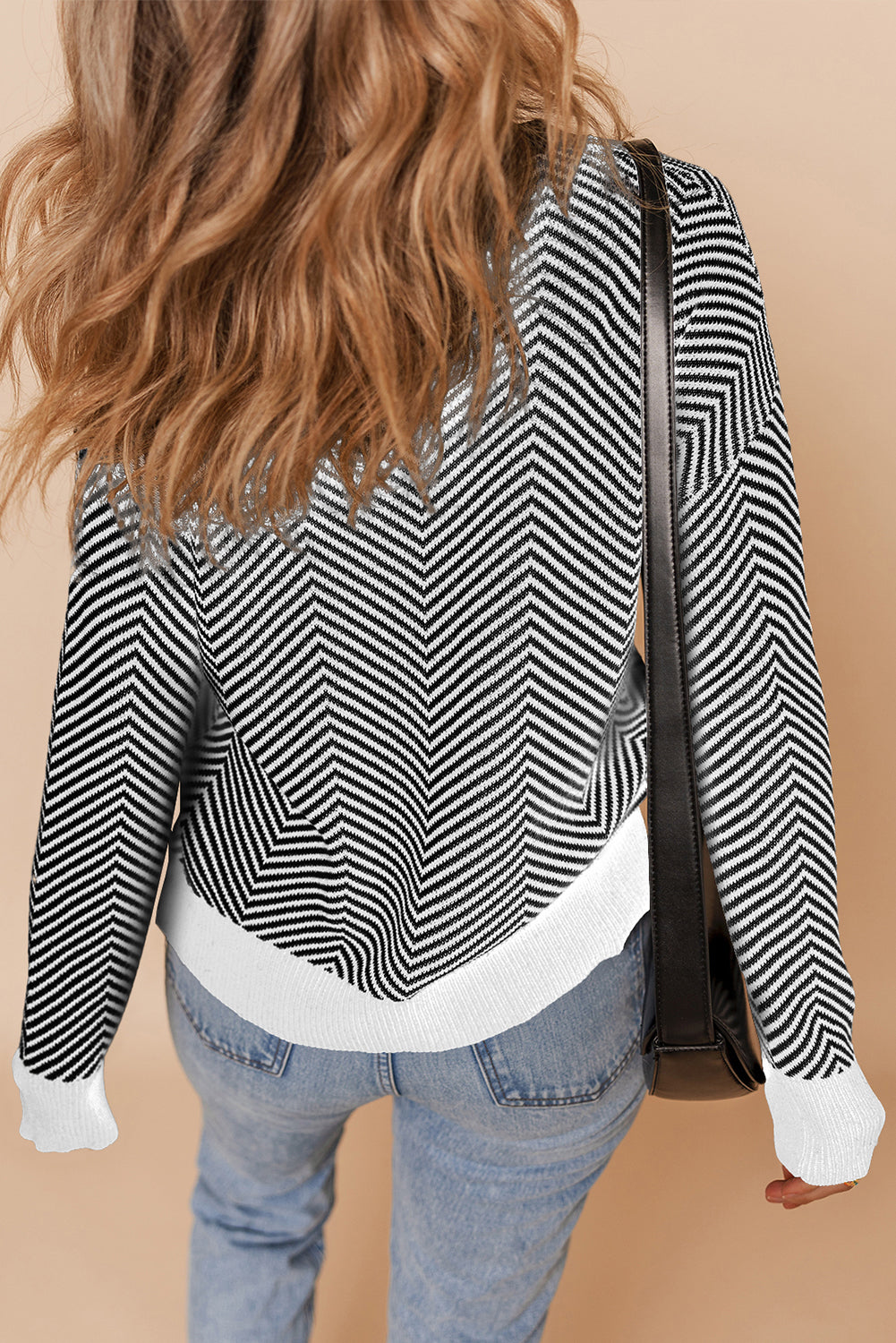 Black Stripe Buttoned Front V Neck Herringbone Cardigan - Classic Elegance