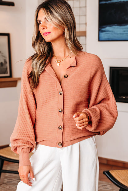 Apricot Pink Wide Rib Knit Button Front Dolman Sleeve Sweater Cardigan - Soft Romance