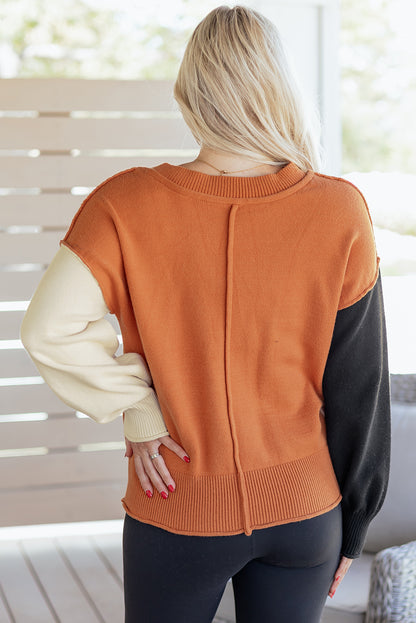 Desert Gold Colorblock Raw Edge Bubble Sleeve V Neck Sweater - Statement Style