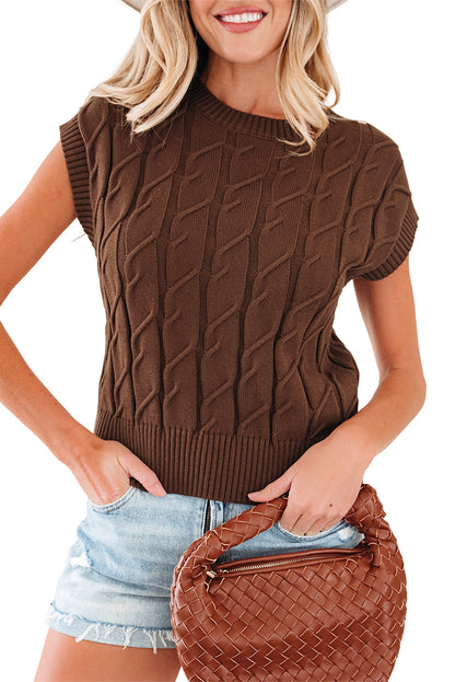 Dark Brown Cable Texture Crew Neck Short Sleeve Sweater Top - Rich Elegance