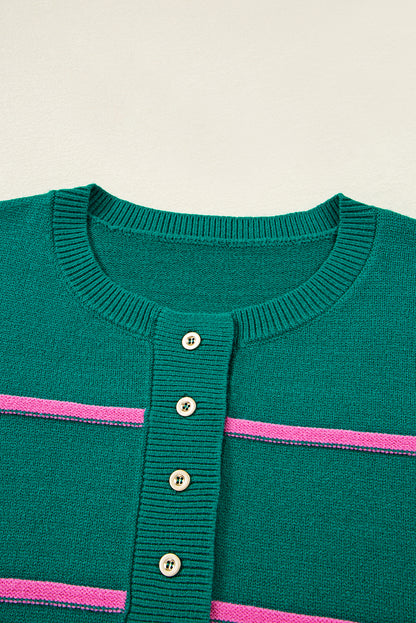 Green Stripe Half Buttons Drop Shoulder Oversized Sweater - Casual Comfort