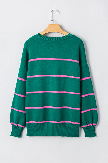 Green Stripe Half Buttons Drop Shoulder Oversized Sweater - Casual Comfort