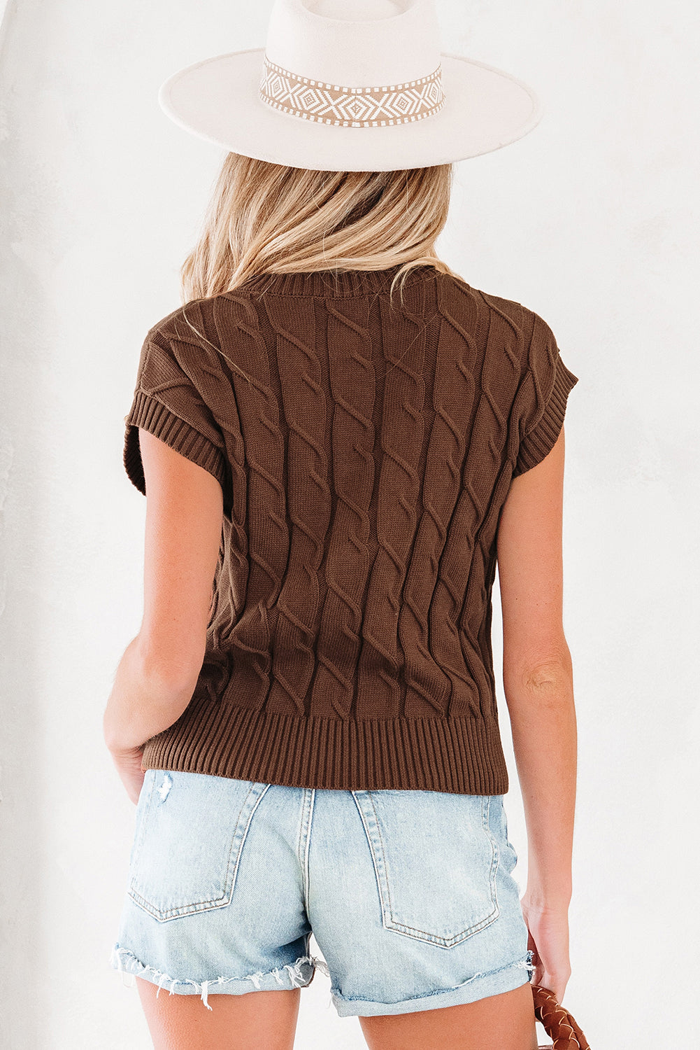 Dark Brown Cable Texture Crew Neck Short Sleeve Sweater Top - Rich Elegance