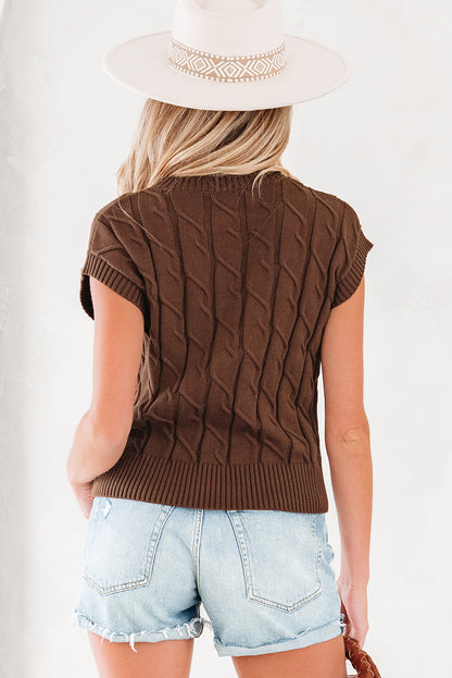 Dark Brown Cable Texture Crew Neck Short Sleeve Sweater Top - Rich Elegance