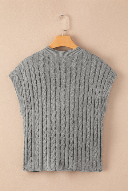 Gray Crew Neck Cable Knit Short Sleeve Sweater