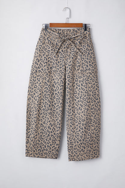 Khaki Leopard Printed Drawstring Elastic Waistband Pocketed Wide Leg Jeans